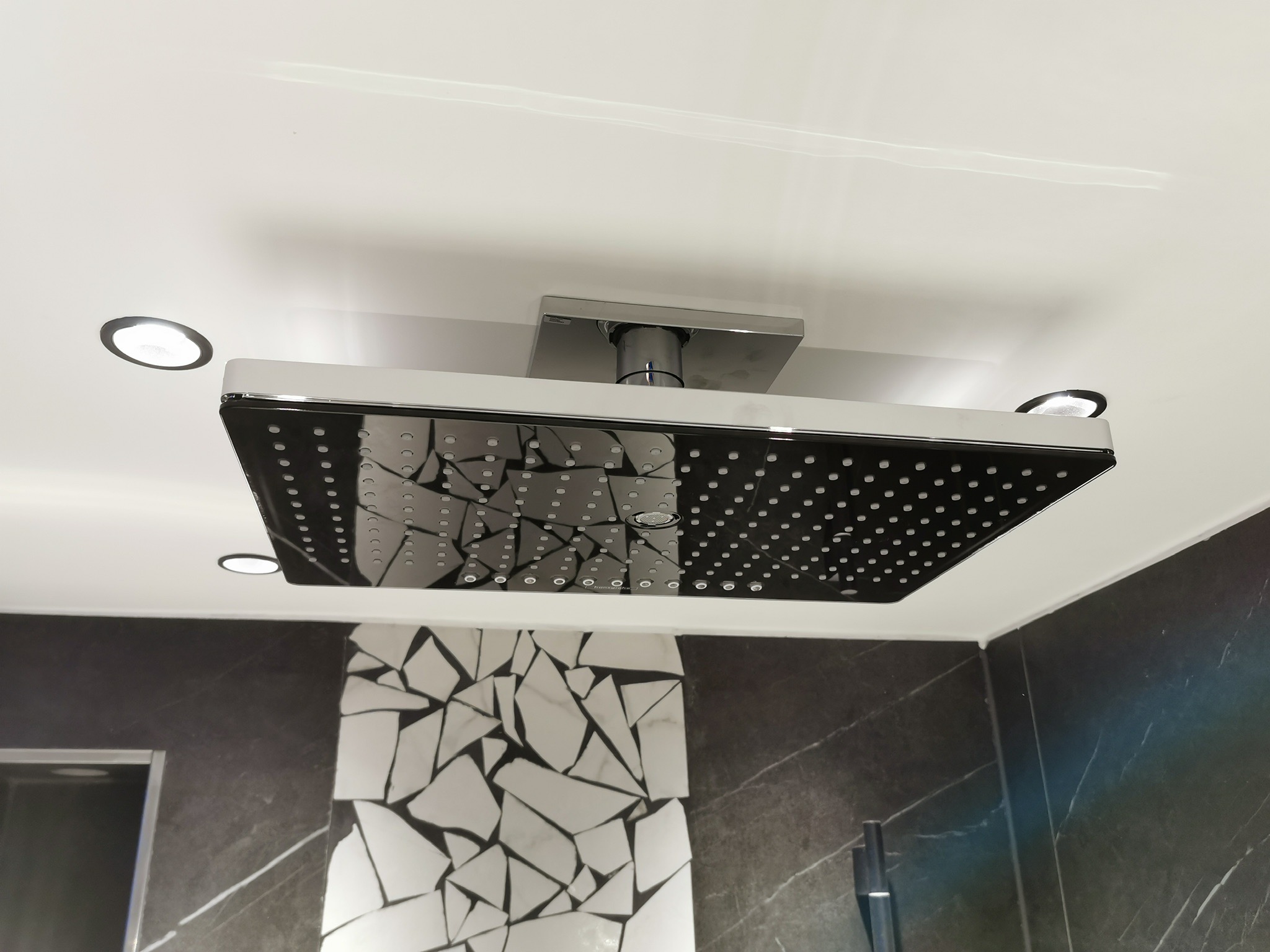 Detailansicht der Regendusche an der Decke des Hauptbads