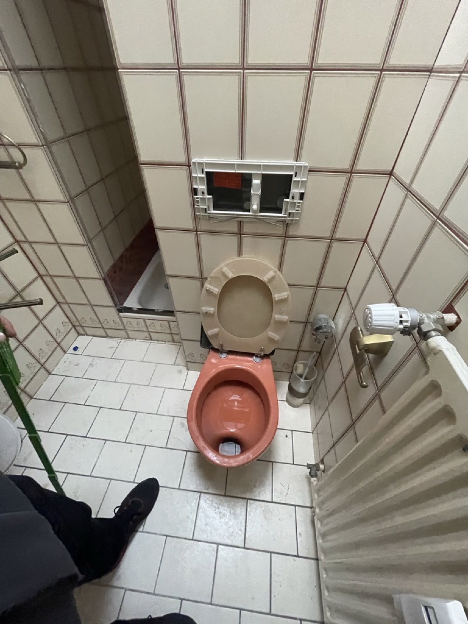 Altes hängendes WC im Dachgeschoss mit alter Drückerplatte